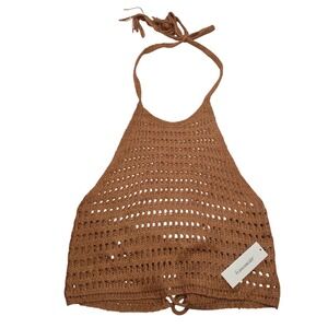 Francesca's Crochet Knit Halter Top Brown Boho Lace Up Tassel Summer NWT Large